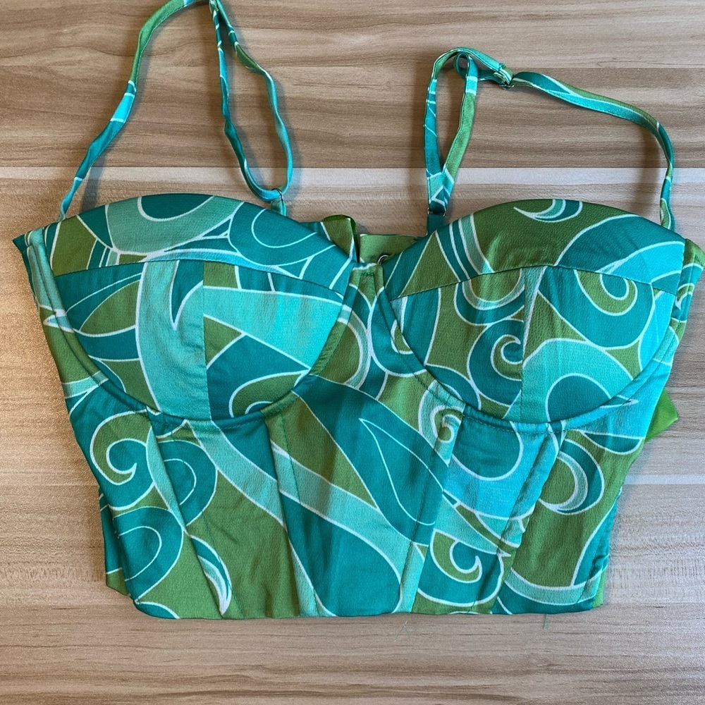 Small Colorful Psychedelic Crop Top Bustier Top 70s Hippie Costume Corset Green